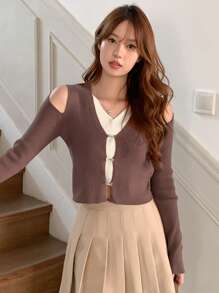 DAZY 撞色前紐扣二合一開襟衫 - 棕色 - 查看 3