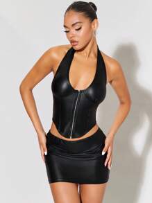 SHEIN BAE Zip Up PU Leather Halter Top & Bodycon Skirt - Black - View 1
