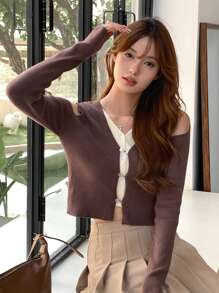 DAZY 撞色前紐扣二合一開襟衫 - 棕色 - 查看 4