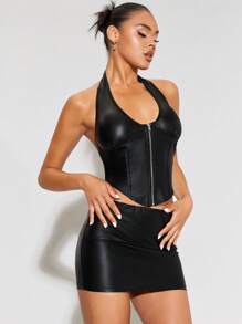 SHEIN BAE Zip Up PU Leather Halter Top & Bodycon Skirt - Black - View 4