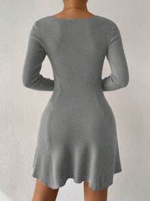 SHEIN Clasi Plus Size Solid Color Knitted Sweater Dress For Fall Autumn With Hot Pink Dress - Grey - View 2