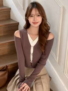 DAZY 撞色前紐扣二合一開襟衫 - 棕色 - 查看 5