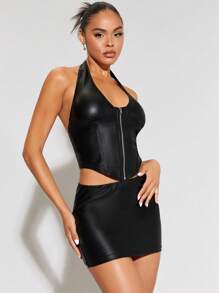 SHEIN BAE Zip Up PU Leather Halter Top & Bodycon Skirt - Black - View 5