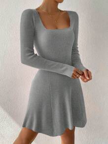 SHEIN Clasi Plus Size Solid Color Knitted Sweater Dress For Fall Autumn With Hot Pink Dress - Grey - View 3