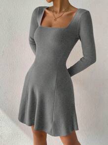 SHEIN Clasi Plus Size Solid Color Knitted Sweater Dress For Fall Autumn With Hot Pink Dress - Grey - View 4