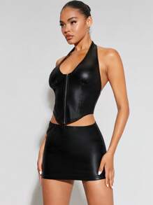 SHEIN BAE Zip Up PU Leather Halter Top & Bodycon Skirt - Black - View 7