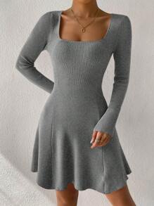 SHEIN Clasi Plus Size Solid Color Knitted Sweater Dress For Fall Autumn With Hot Pink Dress - Grey - View 5