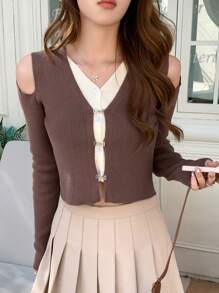 DAZY 撞色前紐扣二合一開襟衫 - 棕色 - 查看 8