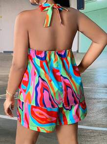 Slaydiva Talla grande con estampado de espalda abierta con cordón Top halter & Shorts - Multicolor - Ver 2