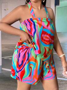 Slaydiva Talla grande con estampado de espalda abierta con cordón Top halter & Shorts - Multicolor - Ver 3