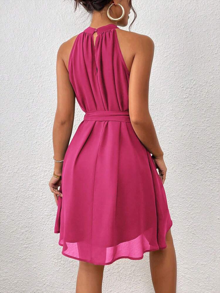 Solid Belted Halter Dress