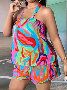 Slaydiva Talla grande con estampado de espalda abierta con cordón Top halter & Shorts - Multicolor - Ver 4