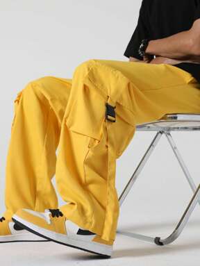 Manfinity EZcore Pantalon cargo ample pour hommes avec poches rabattables, cordon de serrage à la taille. Pantalon long et ample pour sortir, pantalon jaune pour hommes, pantalon cargo pour hommes, pantalon parachute, pour l'automne