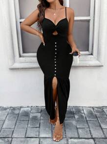 SHEIN Privé Talla grande Vestido de tirantes girante delantero con abertura bajo con fruncido