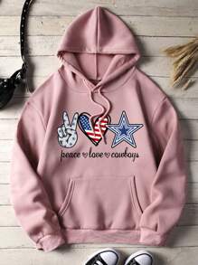 SHEIN LUNE 美式旗幟和字母圖案袋鼠口袋抽繩加絨內裏連帽衫 - 粉色 - 查看 1