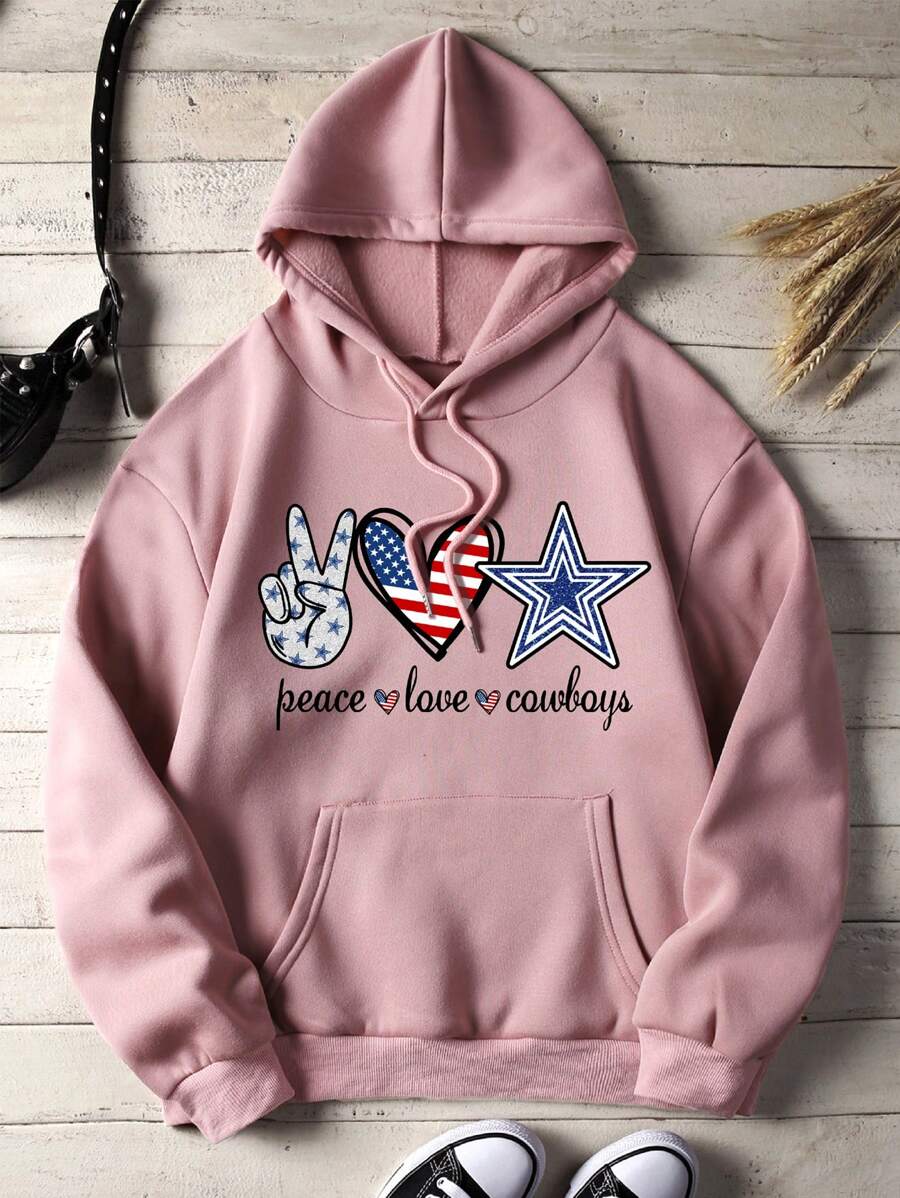 SHEIN LUNE 美式旗幟和字母圖案袋鼠口袋抽繩加絨內裏連帽衫 - 粉色 - 查看 1