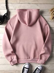 SHEIN LUNE 美式旗幟和字母圖案袋鼠口袋抽繩加絨內裏連帽衫 - 粉色 - 查看 2