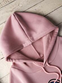 SHEIN LUNE 美式旗幟和字母圖案袋鼠口袋抽繩加絨內裏連帽衫 - 粉色 - 查看 5