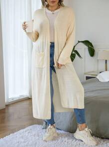 Calvaya 大码双口袋落肩开衫 - 米色 - 查看 3