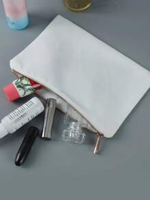 纯色化妆包，帆布便携式纯色方形化妆包便携收纳大容量通用多功能化妆包收纳盒收纳化妆品收纳盒化妆盒 - 白色 - 查看 1