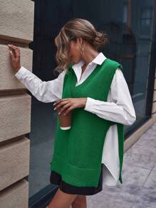SHEIN Essnce Split Hem Sweater Vest Without Blouse In Fall/Winter - Green - View 1