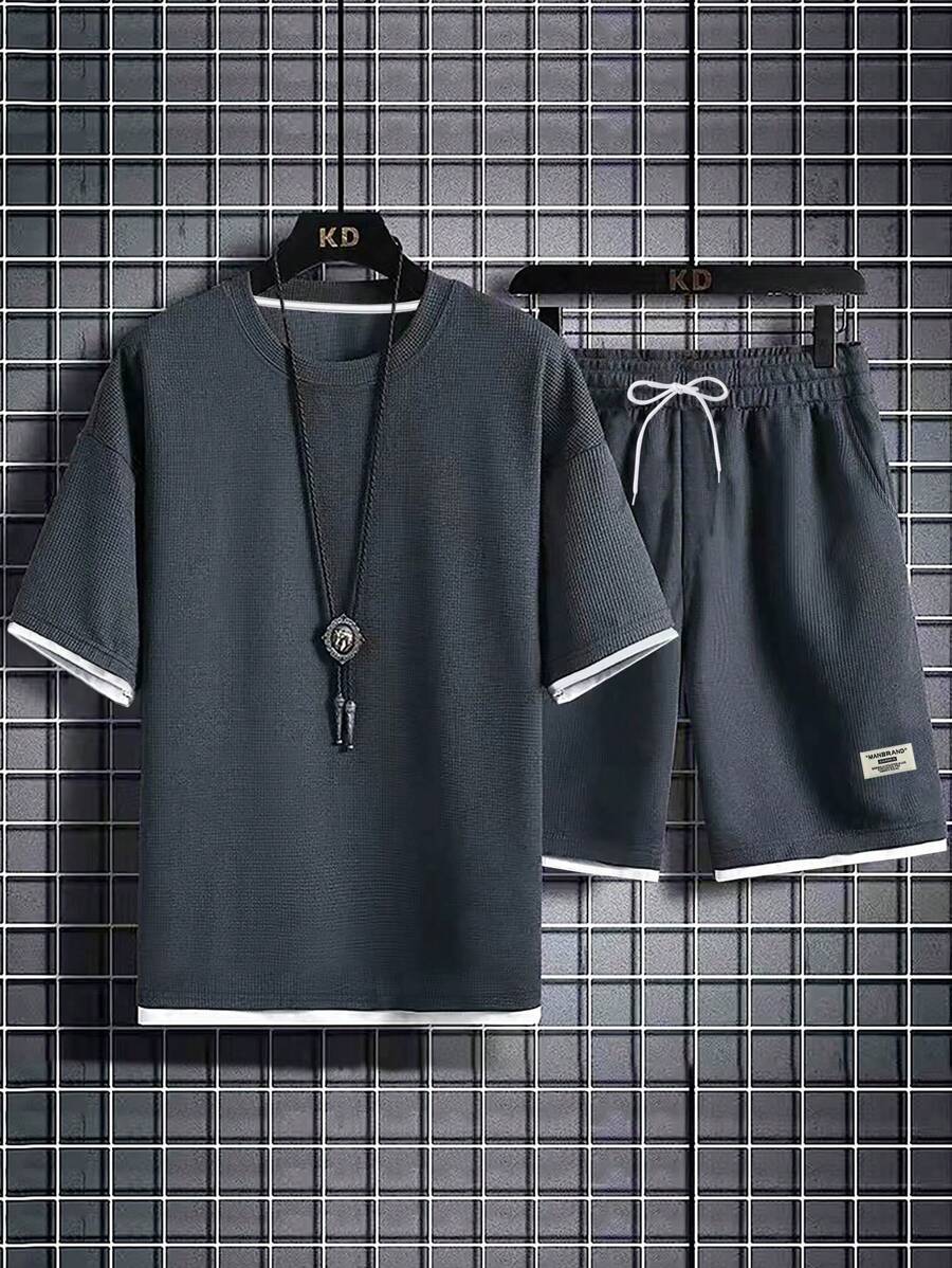 Manfinity Roghcode Áo thun nam viền tương phản & quần short cạp rút, áo ngắn tay thường ngày làm quà tặng bạn trai - Màu xám đen - Xem 1