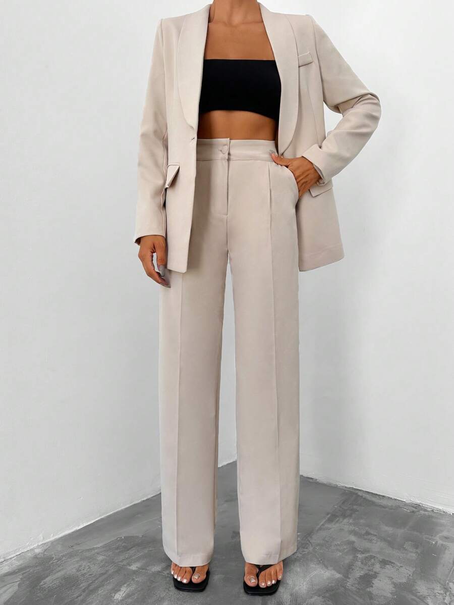 EURMUSE Shawl Collar Flap Detail Blazer & Suit Pants - Apricot - View 1
