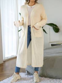 Calvaya 大码双口袋落肩开衫 - 米色 - 查看 4