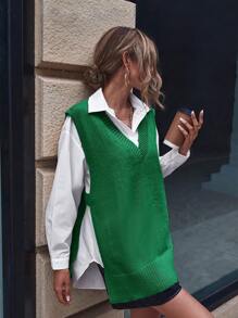 SHEIN Essnce Split Hem Sweater Vest Without Blouse In Fall/Winter - Green - View 3