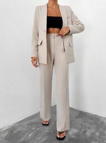 EURMUSE Shawl Collar Flap Detail Blazer & Suit Pants - Apricot - View 3