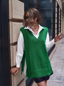 SHEIN Essnce Split Hem Sweater Vest Without Blouse In Fall/Winter - Green - View 4