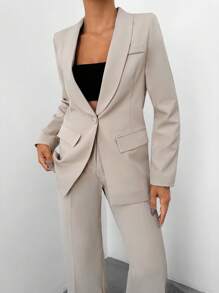 EURMUSE Shawl Collar Flap Detail Blazer & Suit Pants - Apricot - View 5