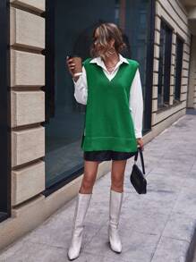SHEIN Essnce Split Hem Sweater Vest Without Blouse In Fall/Winter - Green - View 5