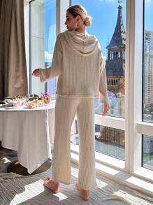 Drop Shoulder Drawstring Hooded Top & Pants Lounge Set Cozy Outfit, Fall & Winter Clothes - Apricot - View 2