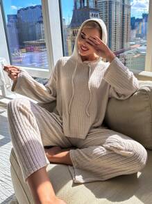 Drop Shoulder Drawstring Hooded Top & Pants Lounge Set Cozy Outfit, Fall & Winter Clothes - Apricot - View 3