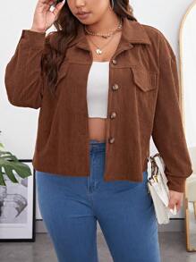 SHEIN Essnce Plus Drop Shoulder Flap Detail Corduroy Jacket - Brown - View 2