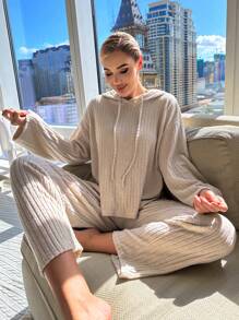 Drop Shoulder Drawstring Hooded Top & Pants Lounge Set Cozy Outfit, Fall & Winter Clothes - Apricot - View 5