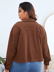 SHEIN Essnce Plus Drop Shoulder Flap Detail Corduroy Jacket - Brown - View 3