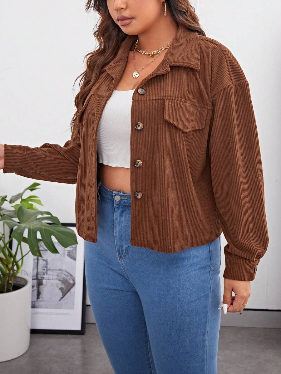 SHEIN Essnce Plus Drop Shoulder Flap Detail Corduroy Jacket - Brown - View 1