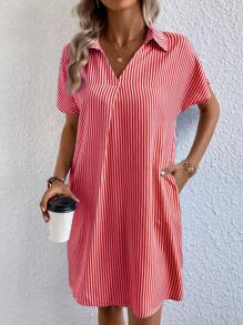 SHEIN LUNE Striped Print Batwing Sleeve Dress - Red - View 1