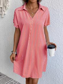 SHEIN LUNE Striped Print Batwing Sleeve Dress - Red - View 4