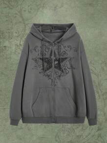 ROMWE Fairycore Star Graphic Zip Up Drawstring Hoodie - Grey - View 1