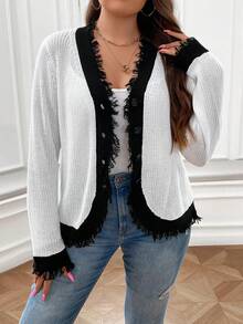 SHEIN LUNE 大碼對比前紐扣開襟衫 - 白色 - 查看 3