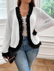 SHEIN LUNE 大碼對比前紐扣開襟衫 - 白色 - 查看 6