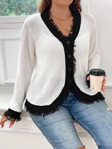 SHEIN LUNE 大碼對比前紐扣開襟衫 - 白色 - 查看 7