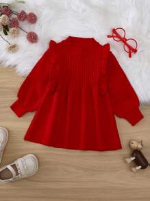 Baby Girl Ruffle Trim Lantern Sleeve Sweater Dress - Red - View 1