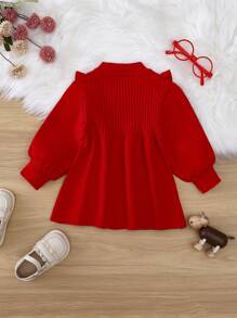 Baby Girl Ruffle Trim Lantern Sleeve Sweater Dress - Red - View 2
