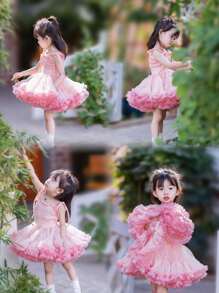 Young Girls' Cute Princess Style Tulle Wide Waist Ballet Tutu Skirt - Pink - View 2