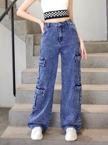 青少年女孩翻蓋口袋工裝牛仔褲 - 深色水洗藍 - 查看 1