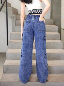 青少年女孩翻蓋口袋工裝牛仔褲 - 深色水洗藍 - 查看 2